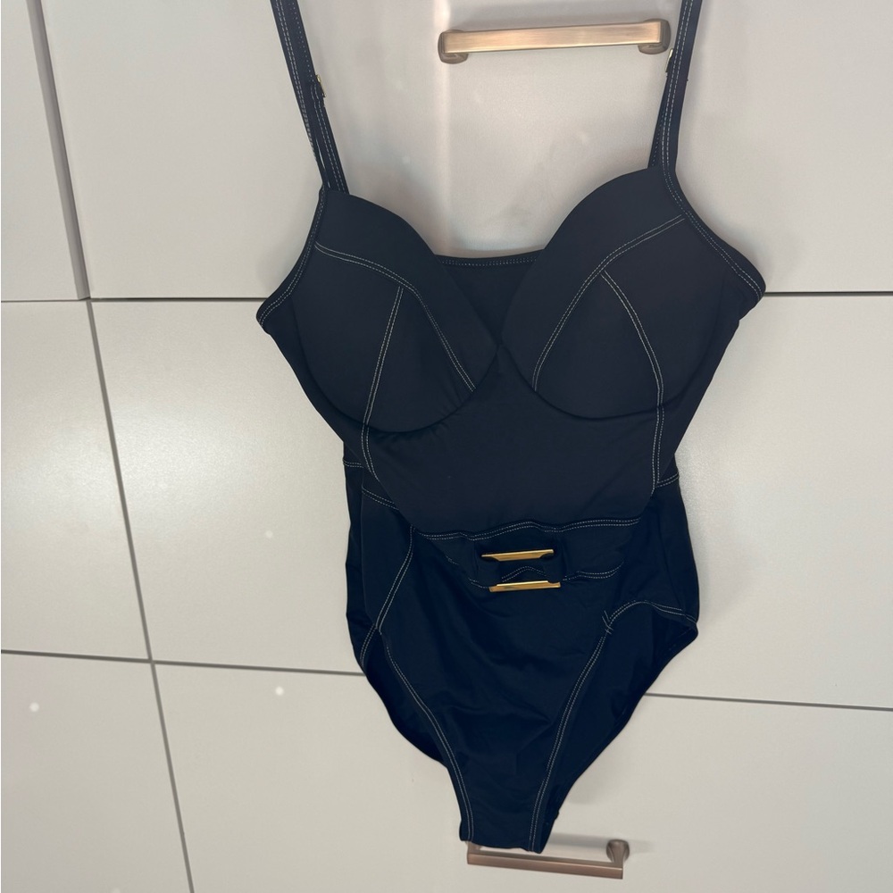 Bleu one piece stylish Black Swimsuit with White Stitching
